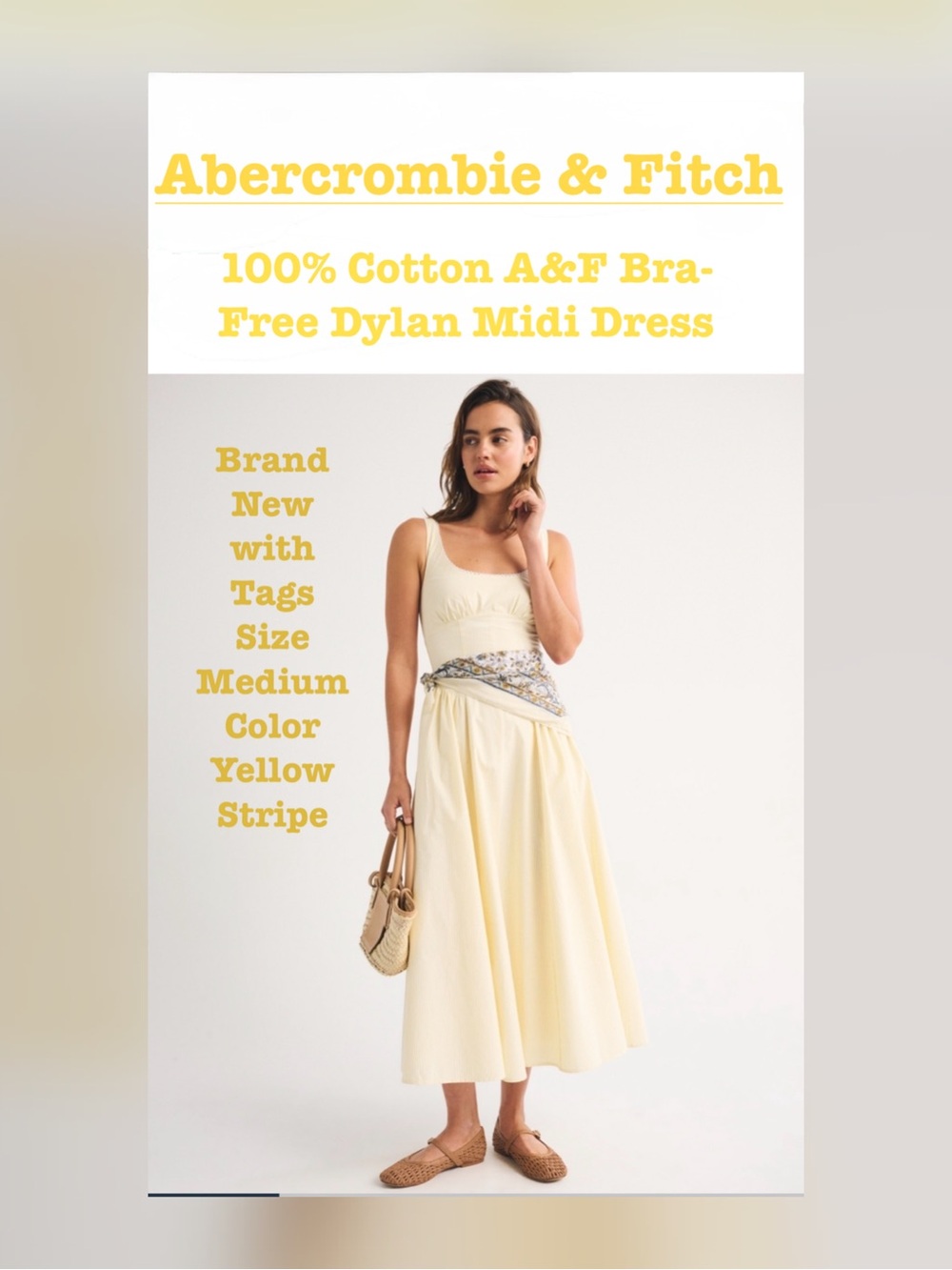 Abercrombie & Fitch 100% Cotton Bra Free Dylan Midi Dress in Yellow Stripe